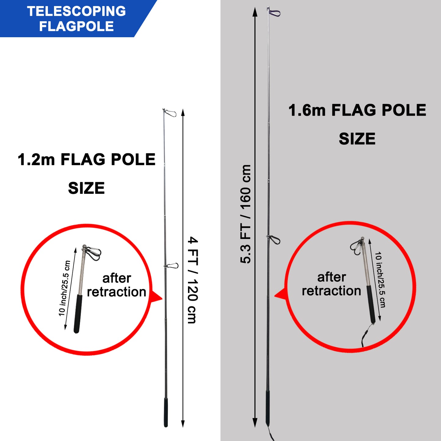 Benutzerdefinierte Flagge Personalisierte Flaggen mit Handheld-Fahnenmast Teleskop Edelstahl Pole mit Snap Clips 
